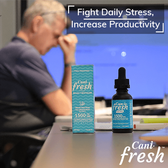 Alt=“CBD oil tincture for stress relief with a blurred man in the background”