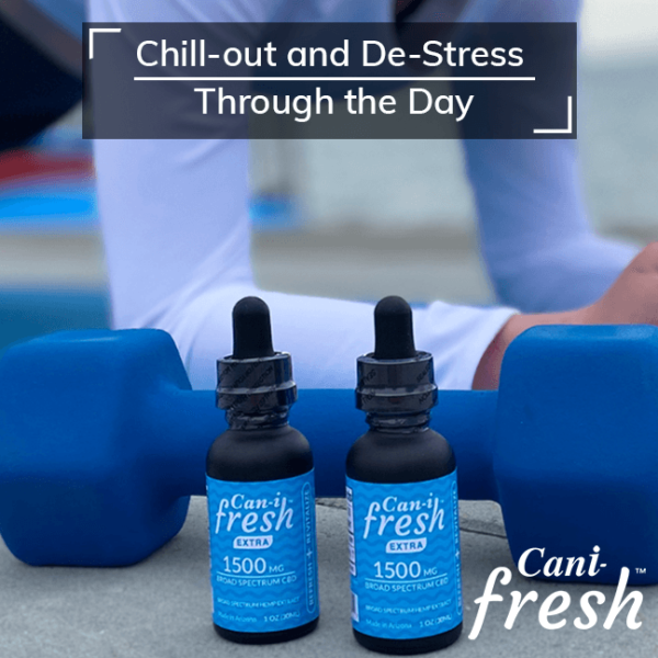 Alt=“CBD oil for stress relief and relaxation by a dumbbell”