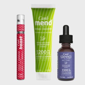 Alt=“Red CBD oral supplement spray, green CBD muscle recovery lotion and purple CBD oil tincture for sleep”