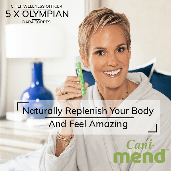 Alt=“Olympian swimmer Dara Torres holding up a muscle recovery spray”
