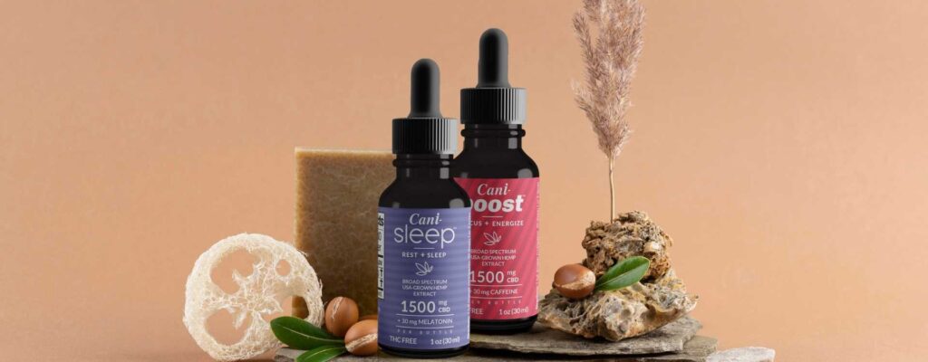 Two CBD oil tinctures placed around plant decorations