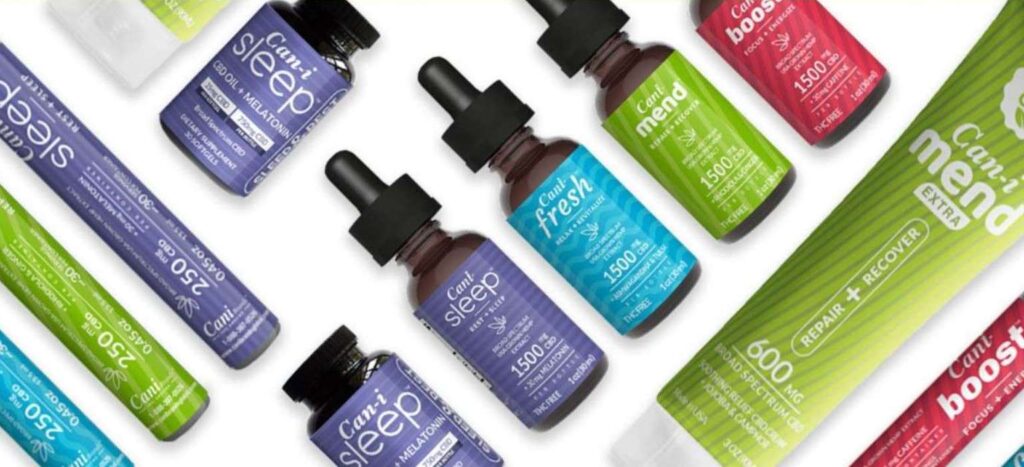 Alt=“Collage of different CBD oil tinctures, gel capsules, lotions and oral sprays”